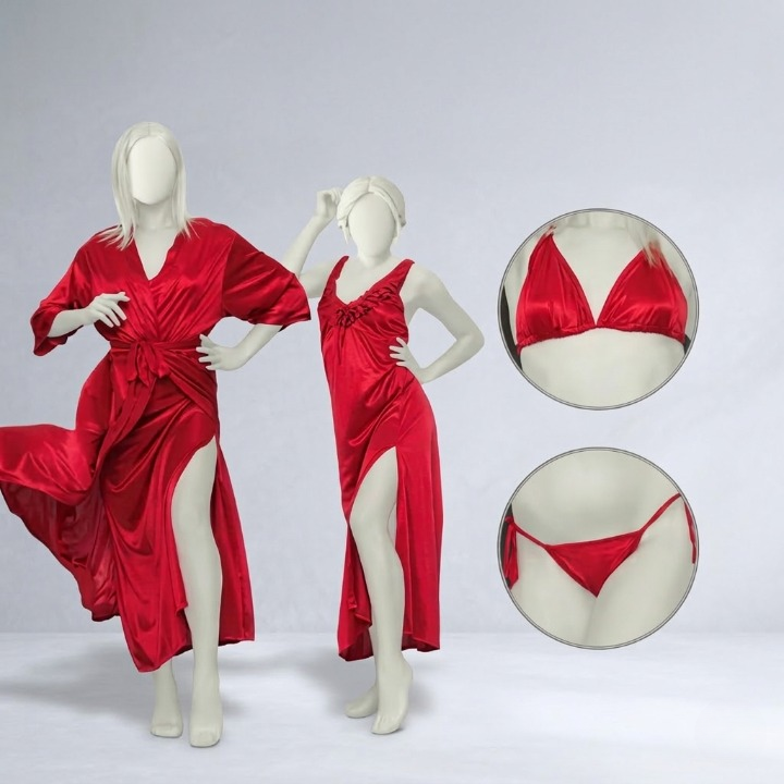 burgundy silk satin 4 piece lingerie & nightwear set